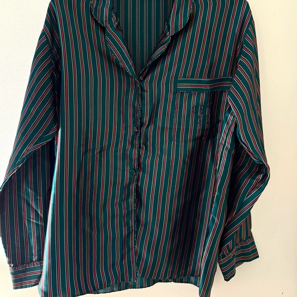 Vintage Victoria's Secret Green striped satin silky Button Down Shirt large